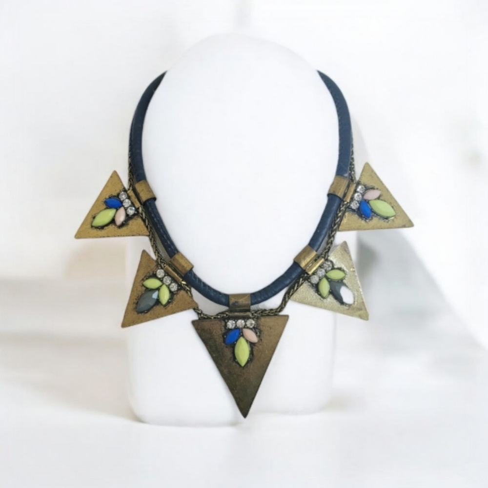 Vtg Egyptian Revival Leather Brass Triangle Statement Necklace Navy Yellow Gems